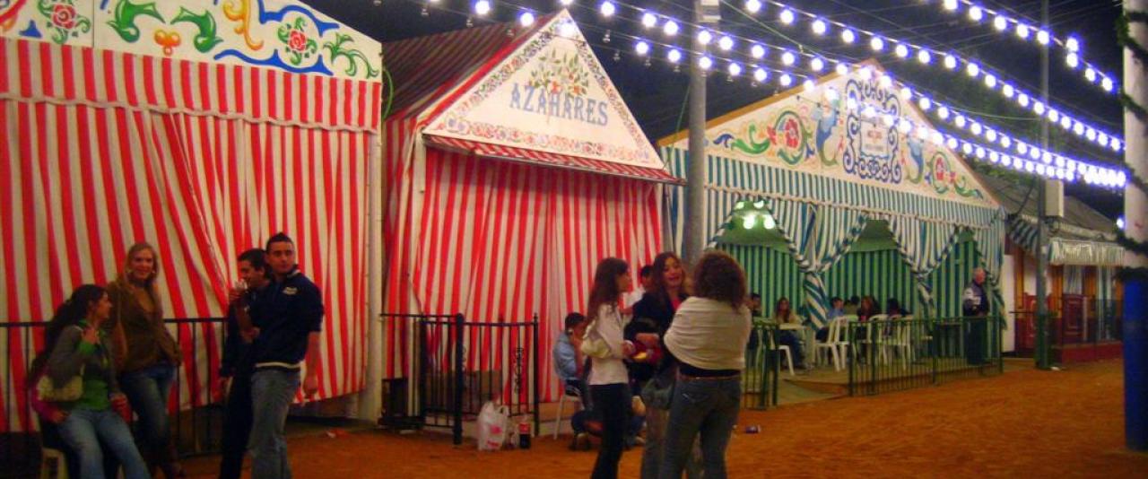 Striped casetas at the Feria de Abril in Seville