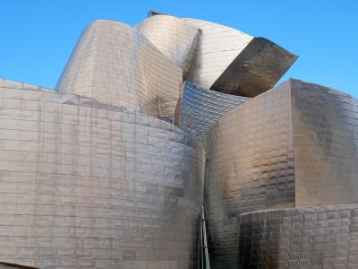 A low-angle shot of a large, curvilinear building facade covered in shimmering titanium panels under a clear blue sky.