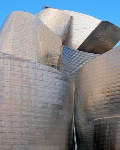 A low-angle shot of a large, curvilinear building facade covered in shimmering titanium panels under a clear blue sky.