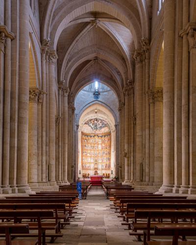 The interior nave of a historic stone cathedral featuring Romanesque columns, ribbed vaults, wooden pews, and a brightly colored altarpiece at the far end.