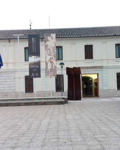 A large, light-colored institutional building with a tiled roof, featuring three flags (Castile-La Mancha, Spain, EU) and two vertical banners advertising an exhibition titled "EL ARTE DE LA GUERRA" (The Art of War) at the "MUSEO DE CIUDAD REAL".