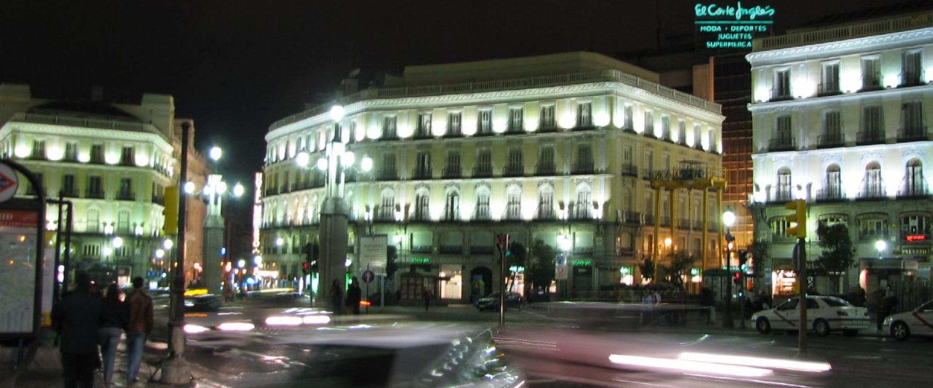 Puerta del Sol in Madrid lit up at night