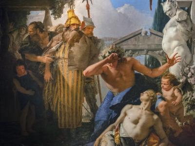 A large oil painting depicting a classical scene with multiple figures, including a dying youth, a grieving man, soldiers, and cherubs, set in an outdoor architectural landscape with a statue and parrot.