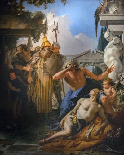 A large oil painting depicting a classical scene with multiple figures, including a dying youth, a grieving man, soldiers, and cherubs, set in an outdoor architectural landscape with a statue and parrot.