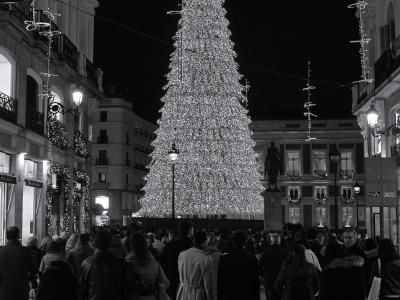 A black and white night photograph of a large, illuminated Christmas tree in a crowded pedestrian plaza, with a vertical "EUROPA" sign on the left building and an equestrian statue in the background.