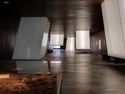 An interior view of a modern museum gallery featuring dark wood flooring and ceiling, large white suspended display panels, and a glass vitrine containing an archaeological excavation in the foreground.