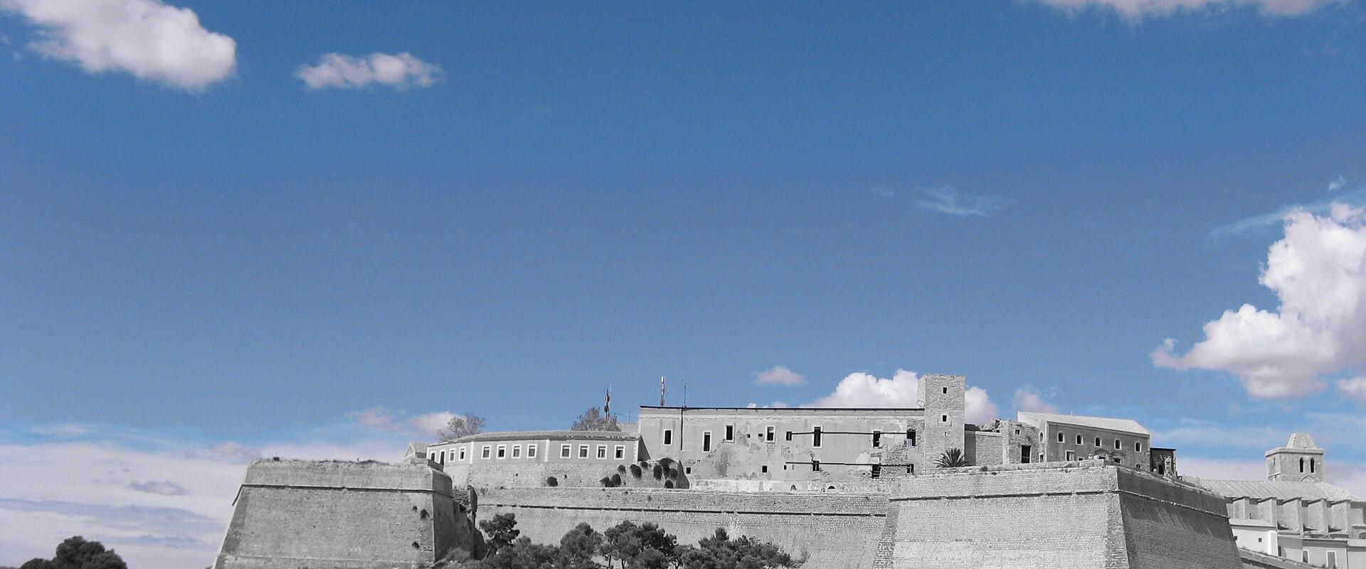 A large stone fortress with high bastions and ramparts sits atop a hill, featuring a prominent church with a dome on the right side, set against a blue sky with selective colorization (sky and clouds in color, landscape in grayscale).