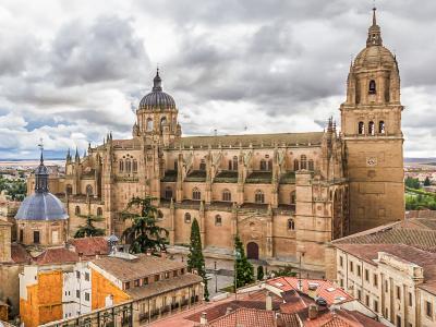The cathedrals of Salamanca above the city's rooftops