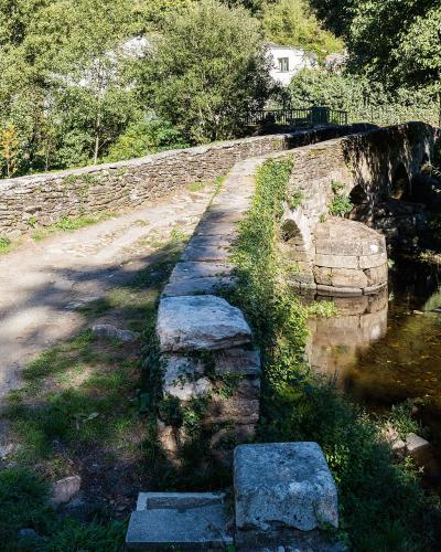 A stone medieval bridge spanning a river in a wooded area, with a dirt path leading onto it and a building visible in the background.