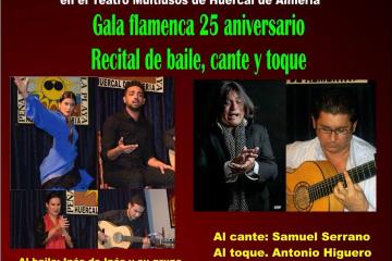 A digital poster advertising a flamenco gala and 25th-anniversary recital featuring dancers, singers, and guitarists, with text identifying the event as taking place at the Teatro Multiusos de Huércal de Almería.