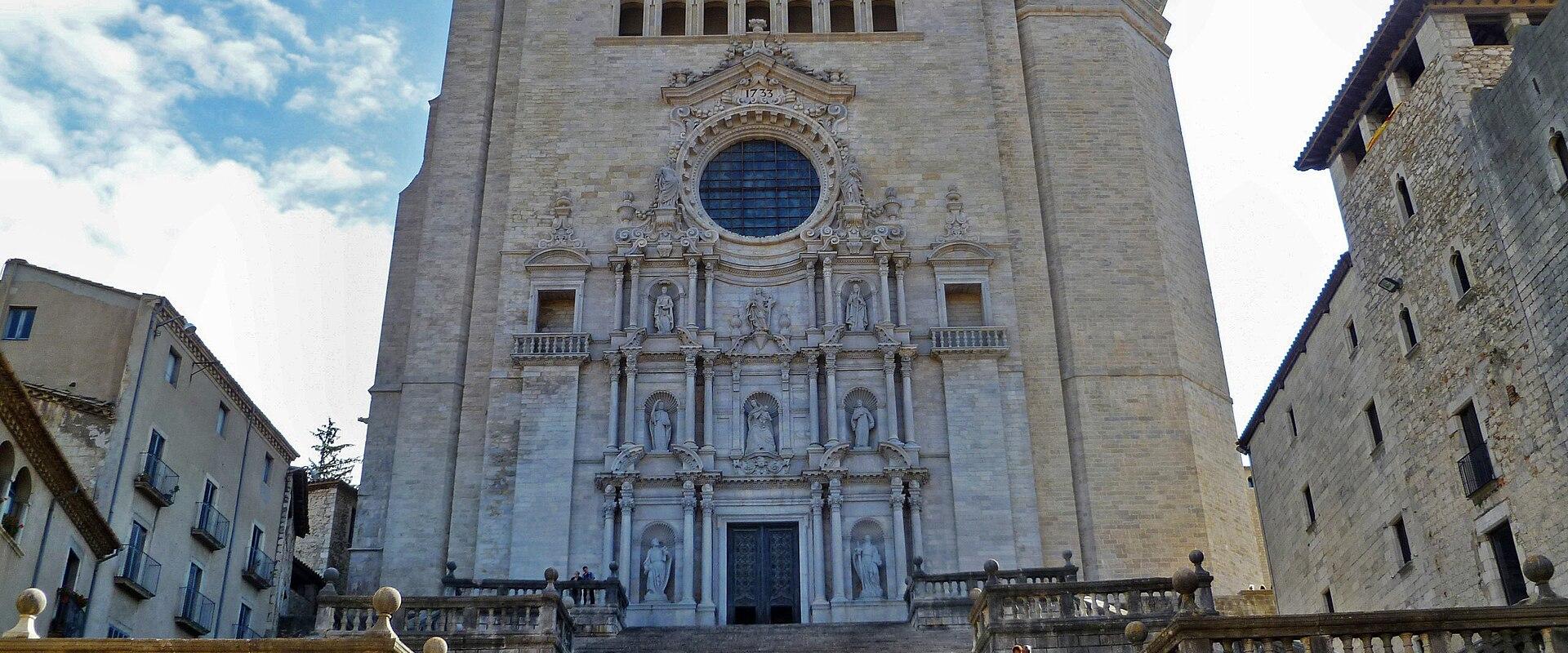 Baroque facade and grand staircase of Girona Cathedral