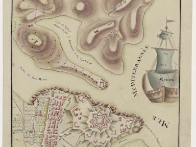 An antique, hand-colored military map or plan depicting the harbor, fortifications, and surrounding terrain of Port Mahón (Mahón) on the island of Menorca, featuring a compass rose, a decorative ship illustration labeled "Plan du Port de MAHON," and 