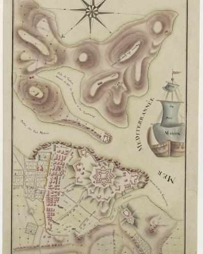 An antique, hand-colored military map or plan depicting the harbor, fortifications, and surrounding terrain of Port Mahón (Mahón) on the island of Menorca, featuring a compass rose, a decorative ship illustration labeled "Plan du Port de MAHON," and 