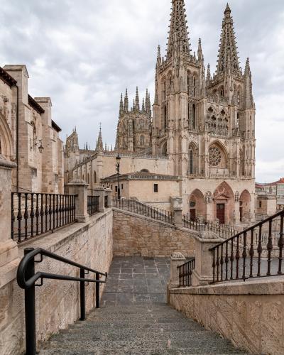 A view looking up a stone staircase with black metal railings towards the ornate Gothic facade and spires of a large cathedral.