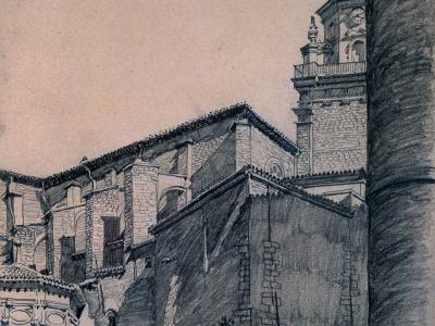 A pen-and-ink drawing showing a stone tower with a clock face, adjacent buildings with tiled roofs, and figures walking up steps in the foreground; signed "Vitoria 14 agt 1923" in the lower right.