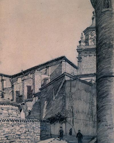 A pen-and-ink drawing showing a stone tower with a clock face, adjacent buildings with tiled roofs, and figures walking up steps in the foreground; signed "Vitoria 14 agt 1923" in the lower right.