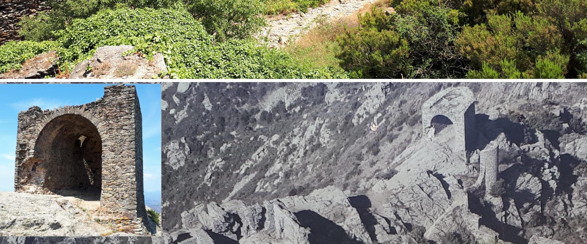 A composite image showing the stone ruins of a hilltop fortress with a view of a coastal bay and town below, alongside a black-and-white aerial photograph of the same ruins and a close-up of an arched stone structure.