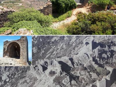 A composite image showing the stone ruins of a hilltop fortress with a view of a coastal bay and town below, alongside a black-and-white aerial photograph of the same ruins and a close-up of an arched stone structure.