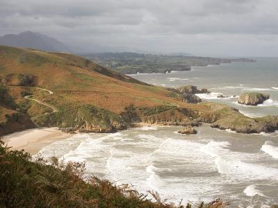 A coastal landscape showing a sandy beach nestled at the base of a grassy, sloping hill with a winding path, rocky outcrops in the surf, and distant mountains under an overcast sky.