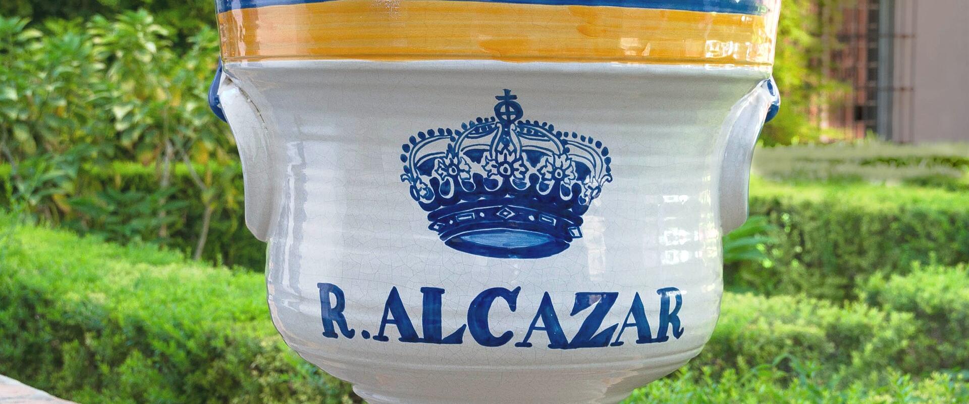 A close-up of a large, white ceramic garden urn with blue and yellow decorative bands, featuring a blue royal crown emblem and the text "R. ALCAZAR" on its side, set against a background of manicured green hedges and a building wall.