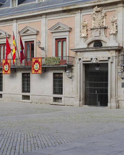 The image shows the facade of a historic stone building with multiple flags (including the Spanish flag and regional banners) and ornate coats of arms above windows and doorways, situated on a cobblestone plaza.