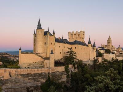 A large medieval stone castle with distinctive conical slate-roofed towers and a fortified keep, situated on a rocky promontory overlooking a town with a prominent cathedral spire in the background.