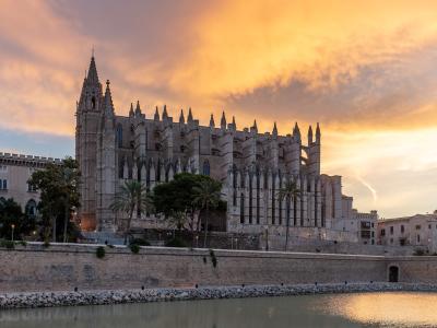 Palma Cathedral (La Seu) above the seafront at sunset, Mallorca