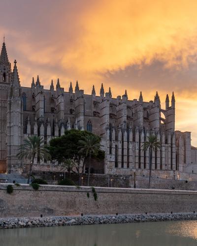 Palma Cathedral (La Seu) above the seafront at sunset, Mallorca