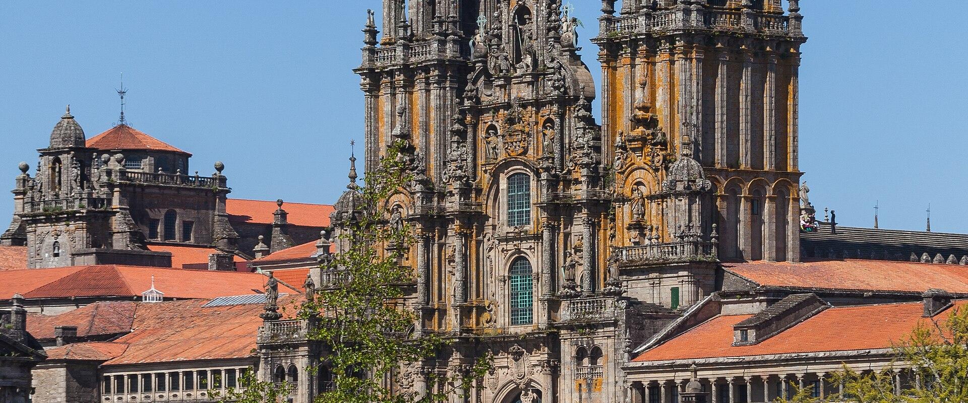 The towers of Santiago de Compostela Cathedral above the old town, Galicia