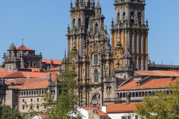The towers of Santiago de Compostela Cathedral above the old town, Galicia