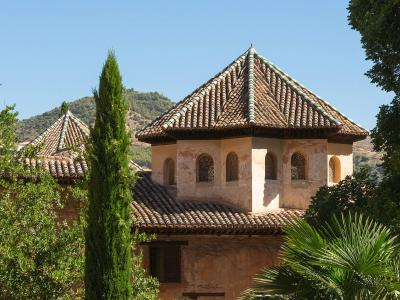 A view of the terracotta-tiled roofs and octagonal turrets of the Palace of the Comares within the Alhambra complex in Granada, Spain, framed by cypress trees and hills.