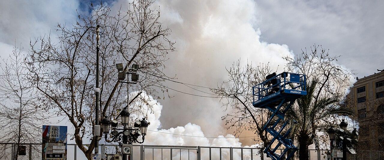Smoke from a mascletà in Valencia's Plaza del Ayuntamiento during the Fallas