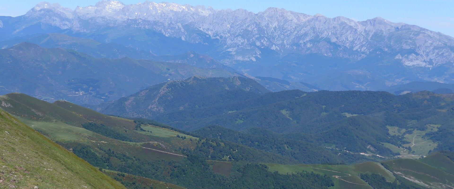 Green hills rising to the Picos de Europa, Cantabria