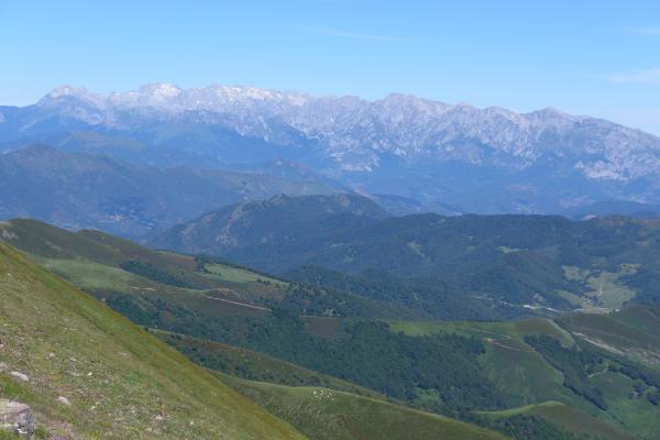 Green hills rising to the Picos de Europa, Cantabria