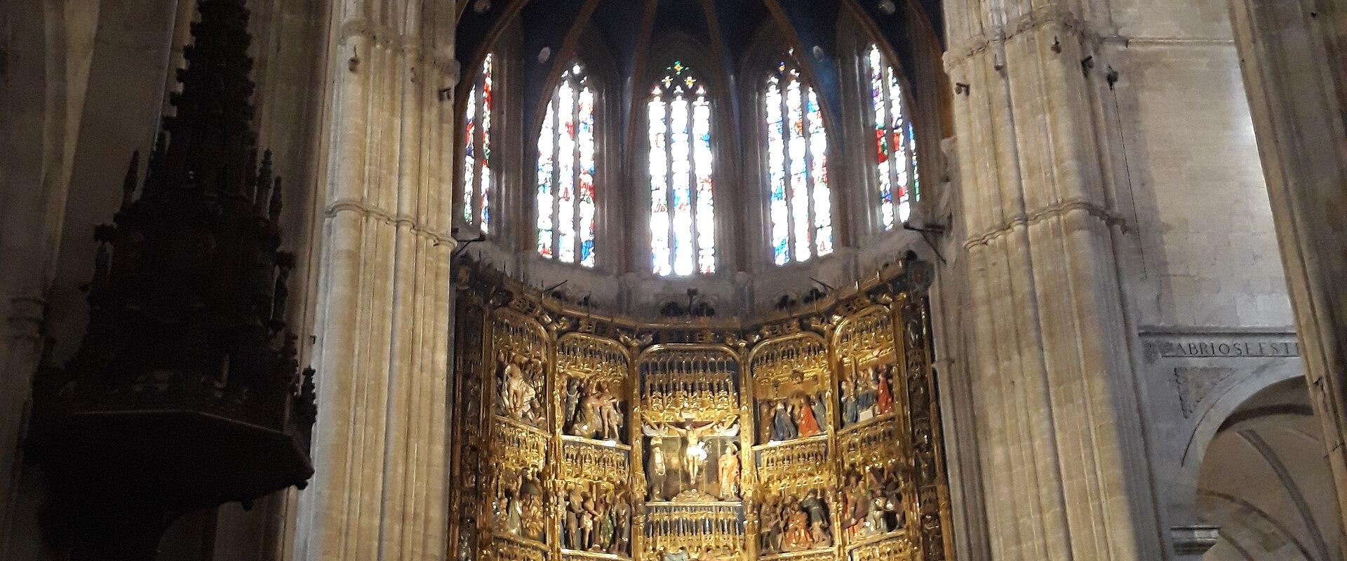 The Gothic nave of Oviedo Cathedral leading to its gilded main altarpiece
