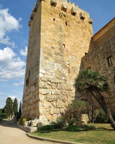 A tall, square stone tower with crenellations and corbels, part of a larger wall structure, situated next to a paved path and landscaped greenery with palm trees under a blue sky.
