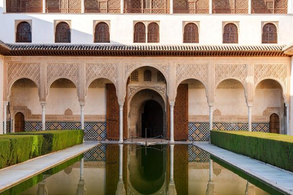 The Court of the Myrtles (Patio de los Arrayanes) and its reflecting pool in the Alhambra, Granada