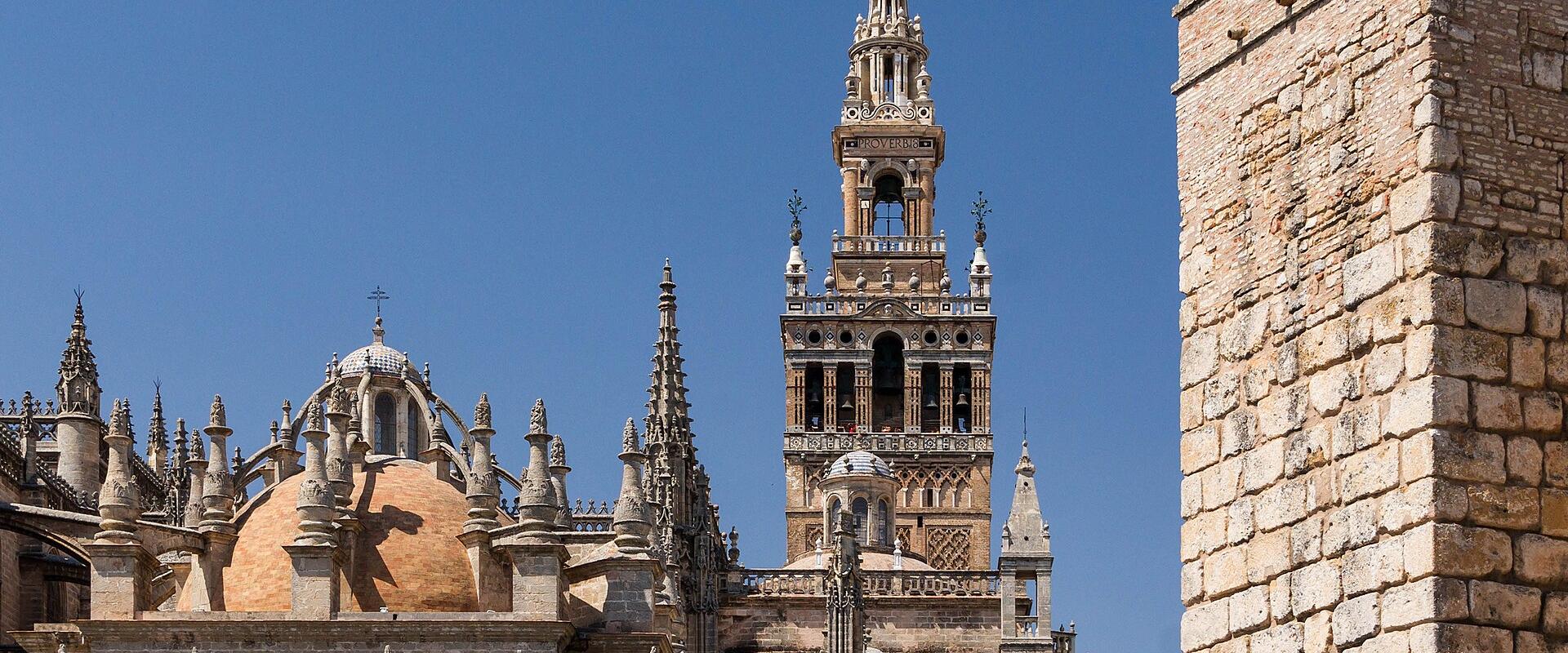 Seville Cathedral and the Giralda tower seen from the Alcázar walls