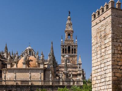 Seville Cathedral and the Giralda tower seen from the Alcázar walls