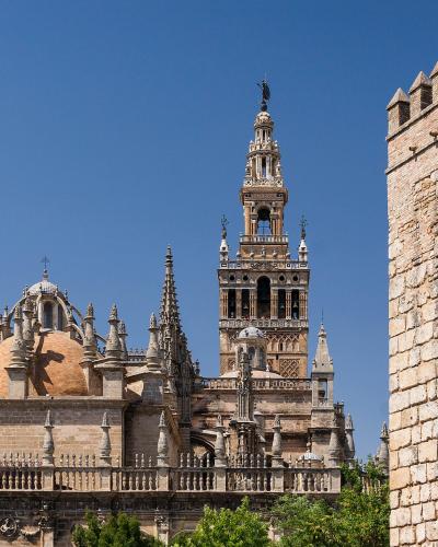 Seville Cathedral and the Giralda tower seen from the Alcázar walls