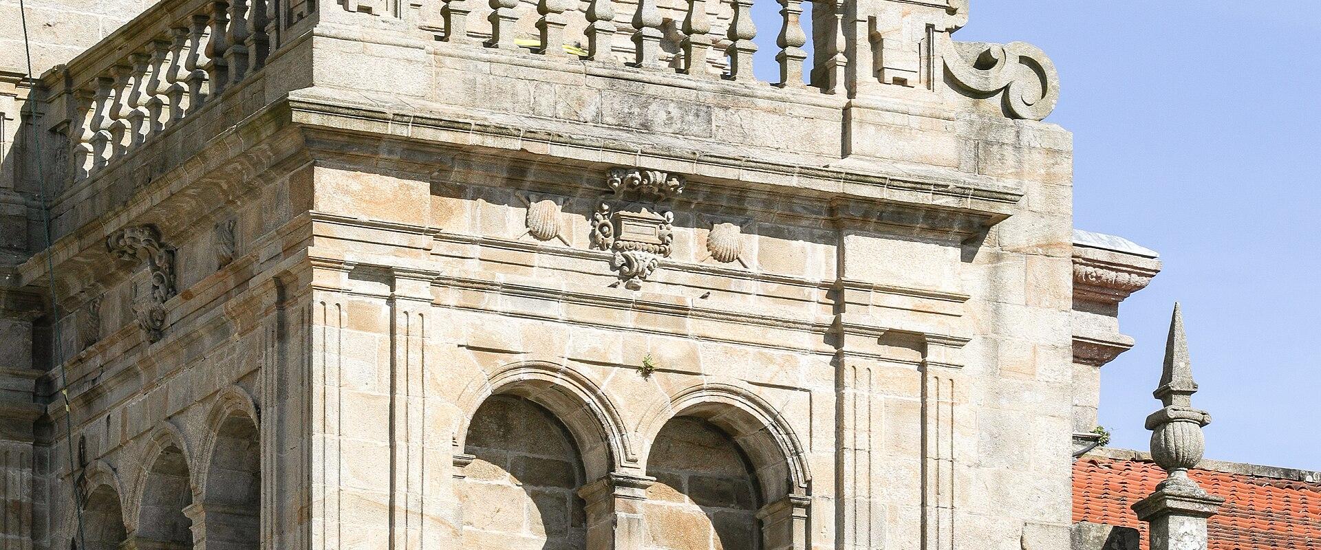 The baroque towers of the cathedral facade on the Praza do Obradoiro