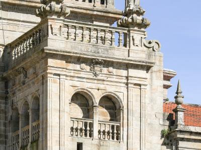 The baroque towers of the cathedral facade on the Praza do Obradoiro