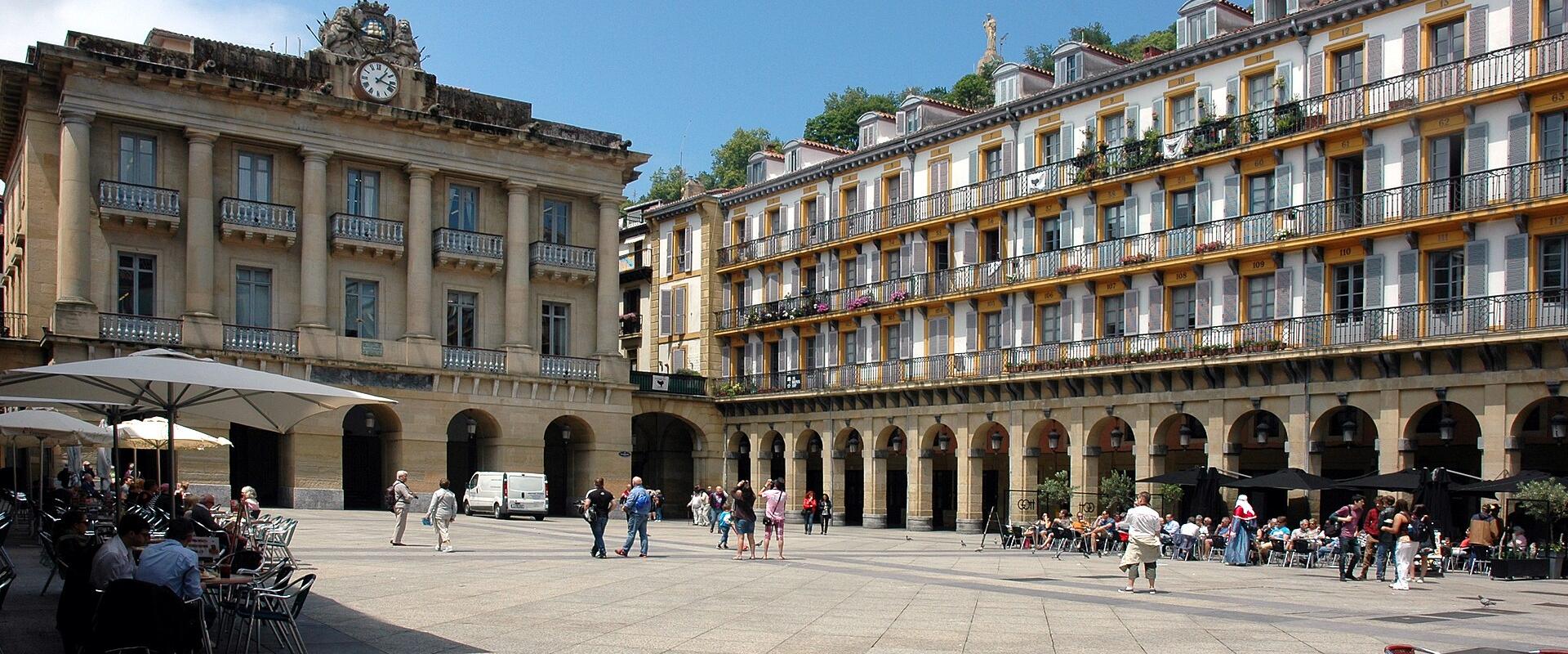 Café tables on the Plaza de la Constitución in San Sebastián's Parte Vieja