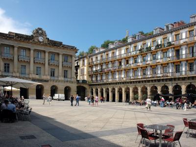 Café tables on the Plaza de la Constitución in San Sebastián's Parte Vieja