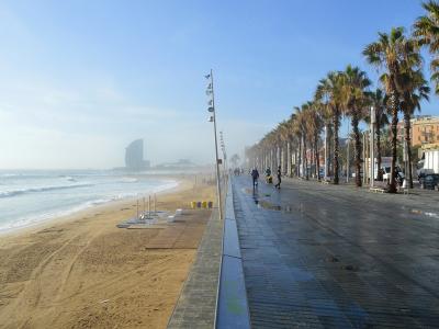 A wide, paved promenade lined with palm trees runs alongside a sandy beach under a clear sky, with a distinctive sail-shaped building visible in the hazy distance.