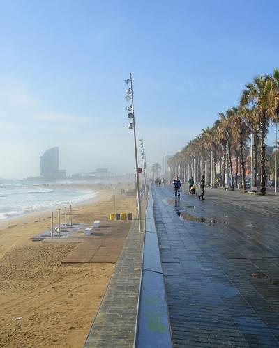 A wide, paved promenade lined with palm trees runs alongside a sandy beach under a clear sky, with a distinctive sail-shaped building visible in the hazy distance.